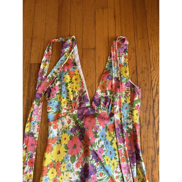 Les Reveries Dress Womens 6 Floral Plunge V Neck Tie Shoulder Slip Made USA - Picture 3 of 5
